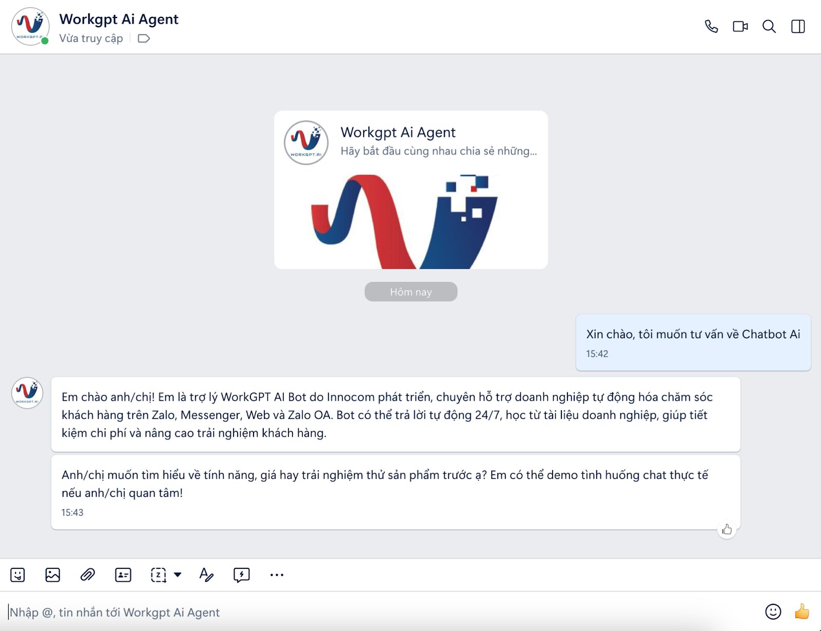 Giao diện phản hồi WorkGPT ZaloBot trên Zalo OA 