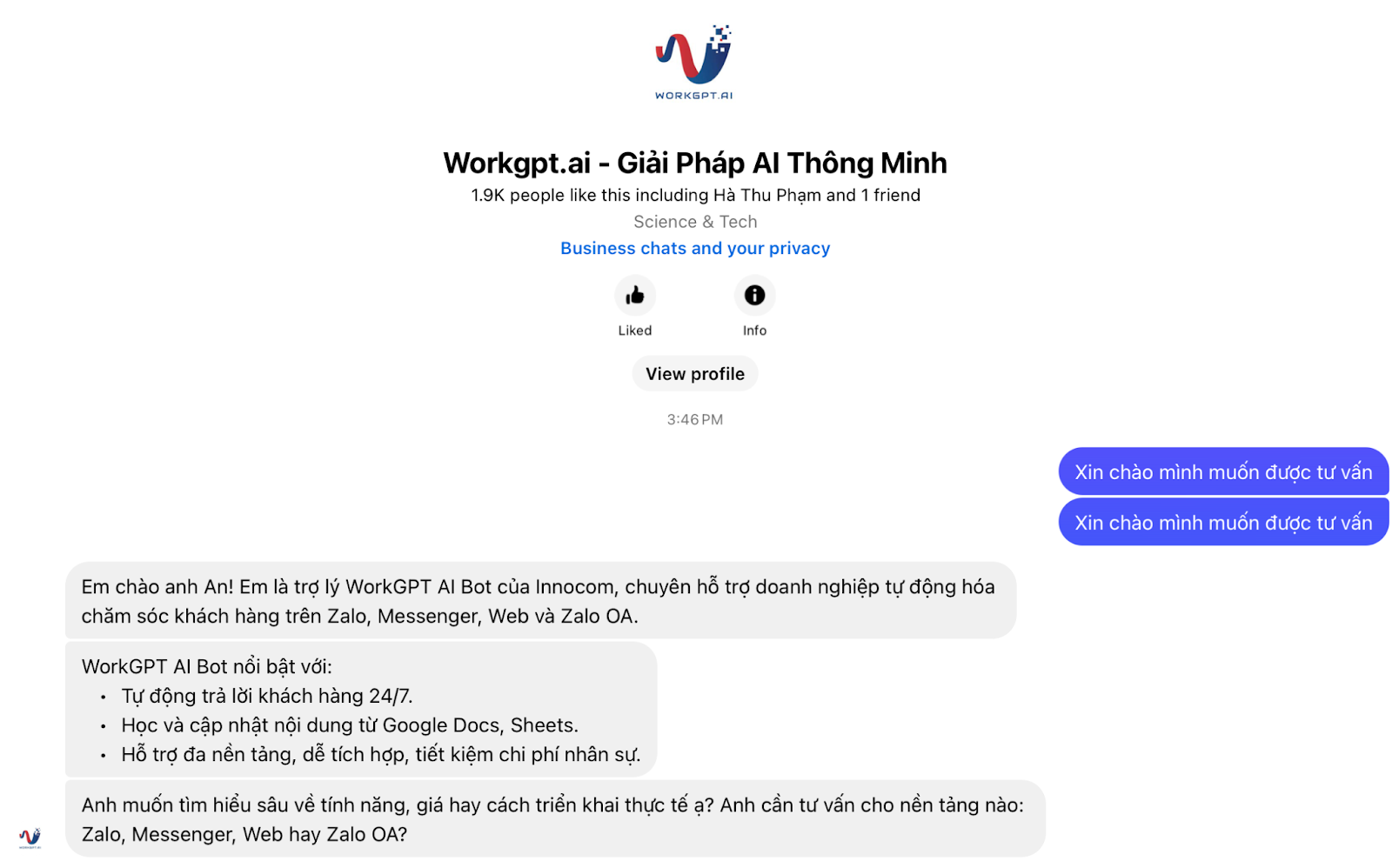 Giao diện phản hồi của WorkGPT MessengerBot 