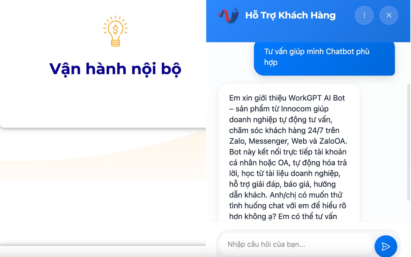 Giao diện phản hồi của WorkGPT Webbot trên website doanh nghiệp