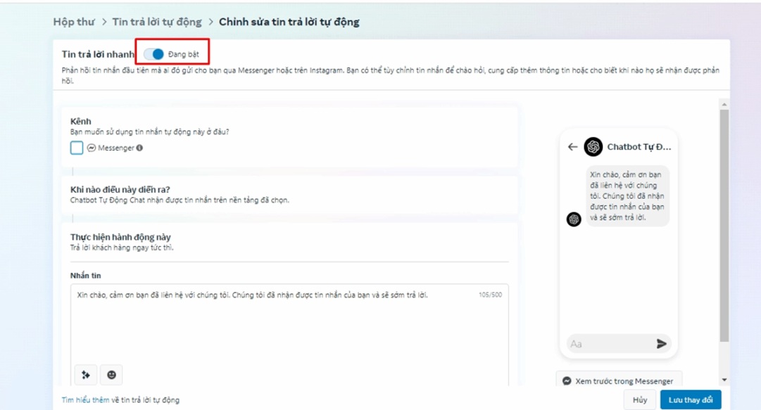 Chọn tính năng Tin trả lời nhanh