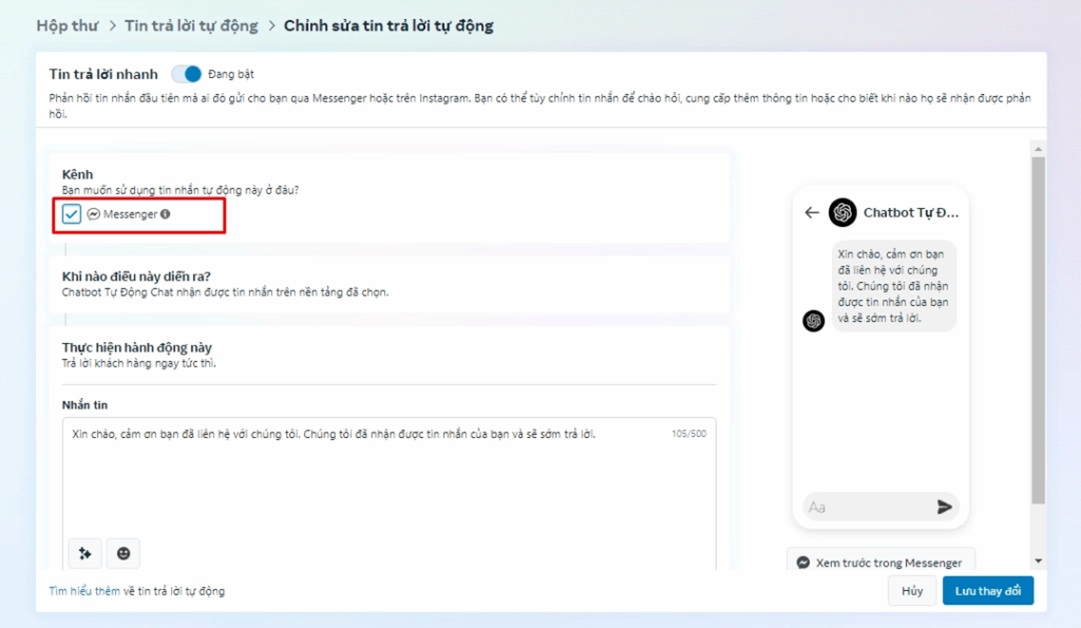 Đánh dấu tích vào ô Messenger để tin nhắn tự động được áp dụng