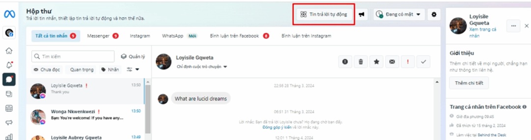 Vào hộp thư cài đặt tin nhắn tự động