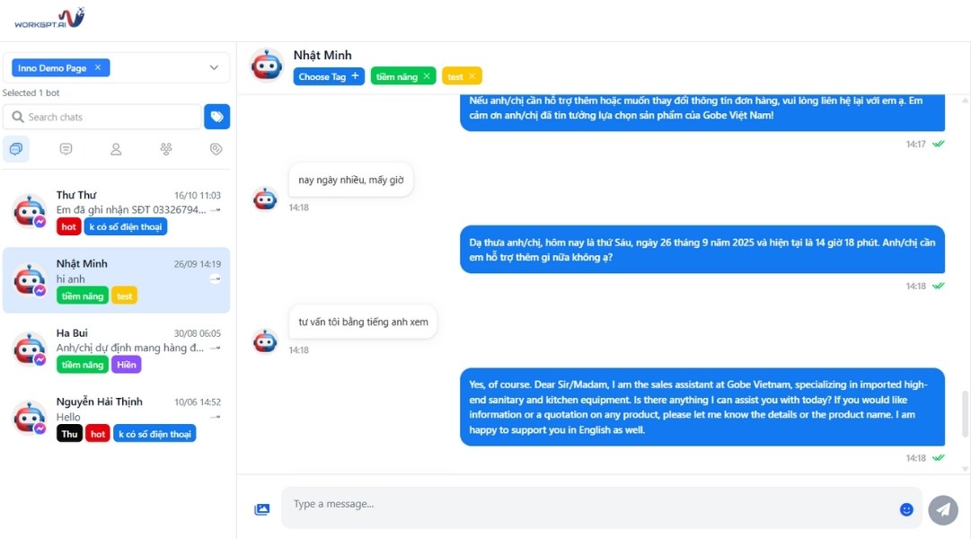WorkGPT MessengerBot với khả năng đọc hiểu và trả lời đa ngôn ngữ
