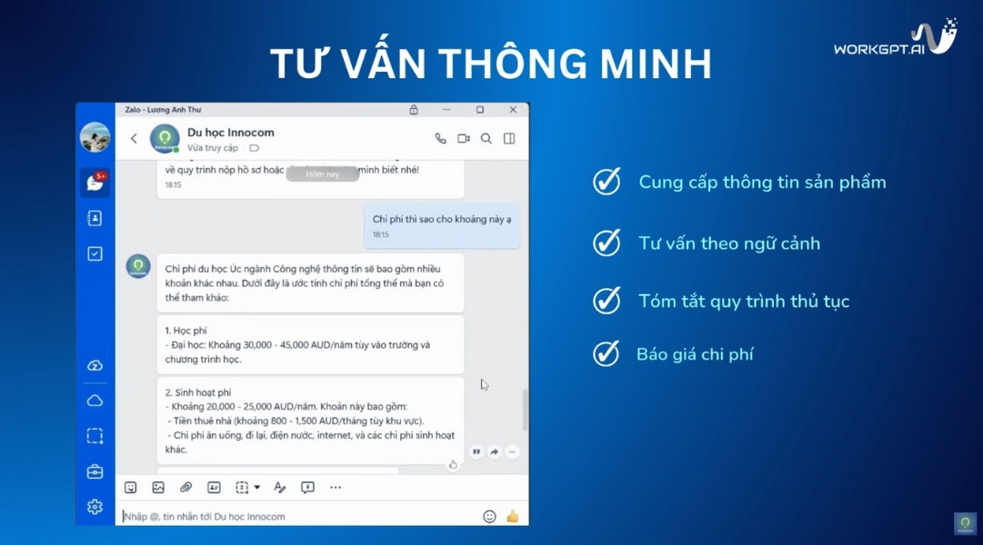 WorkGPT Zalobot tự động phản hồi 24/7