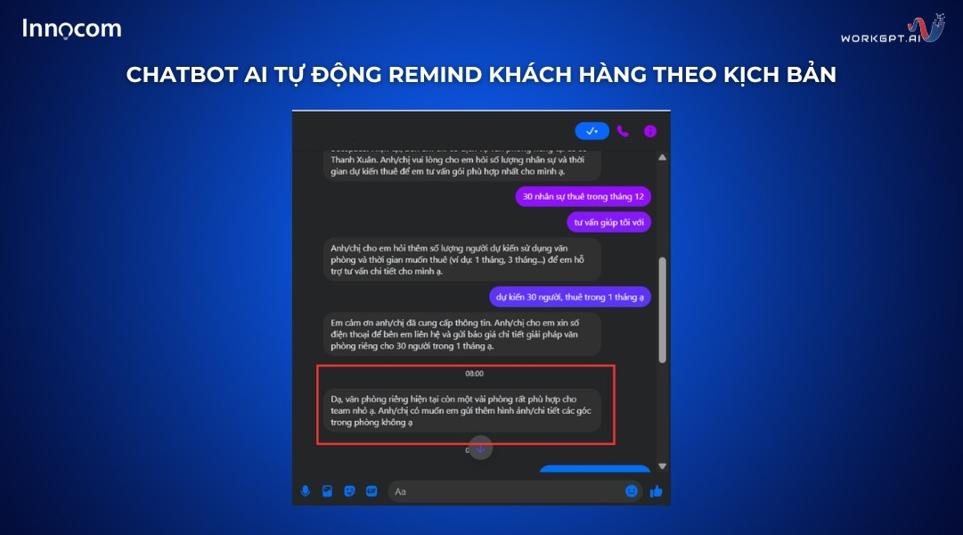 Ảnh chụp màn hình Chatbot AI tự động remind khách hàng theo kịch bản