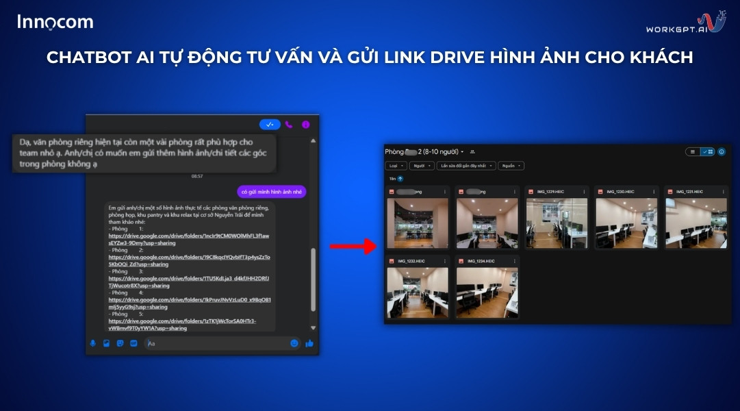 Ảnh chụp màn hình Chatbot AI tự động tư vấn và gửi Link Drive hình ảnh