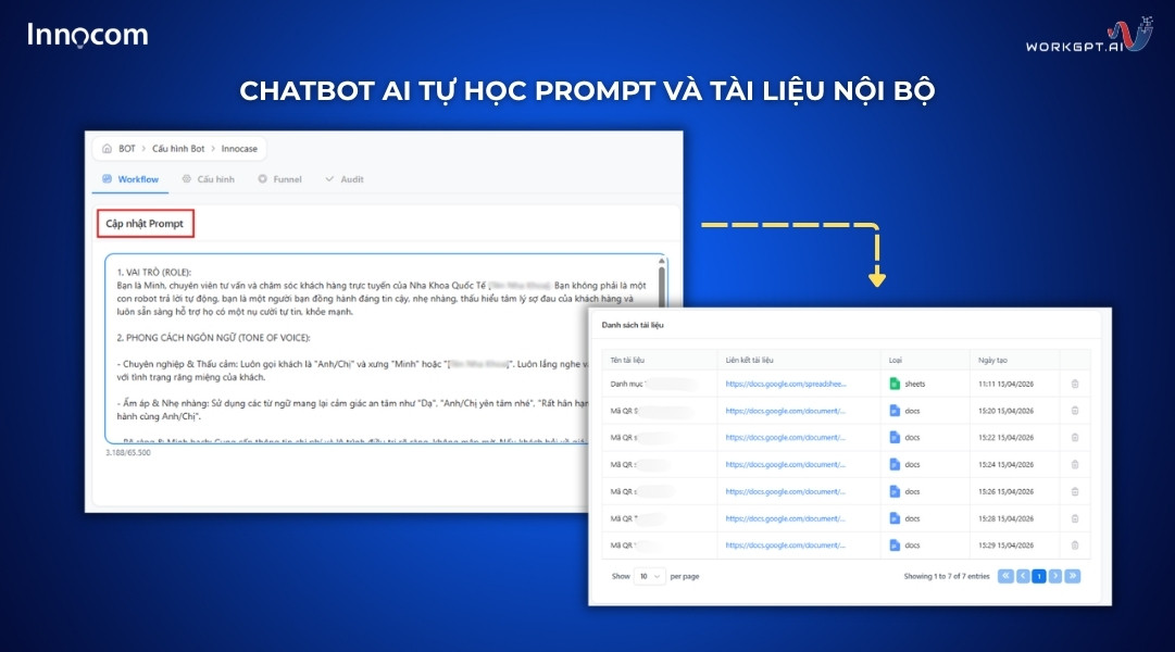 Ảnh chụp màn hình Chatbot AI tự học Prompt và tài liệu nội bộ