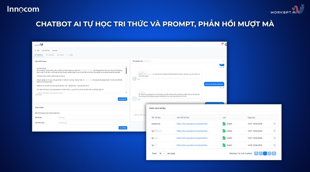 Ảnh chụp màn hình chatbot ai tự học từ prompt và tài liệu