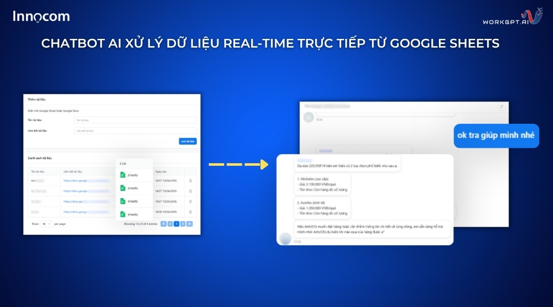 Ảnh chụp màn hình Chatbot AI xử lý dữ liệu Real-time trực tiếp từ Google Sheets