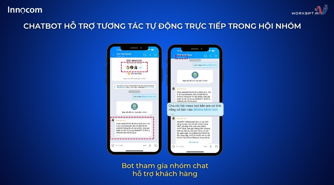 Ảnh chụp màn hình Chatbot hỗ trợ tương tác tự động trực tiếp trong hội nhóm