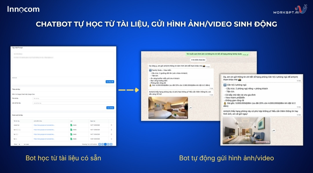 Ảnh chụp màn hình Chatbot tự học từ tài liệu, gửi hình ảnh/video