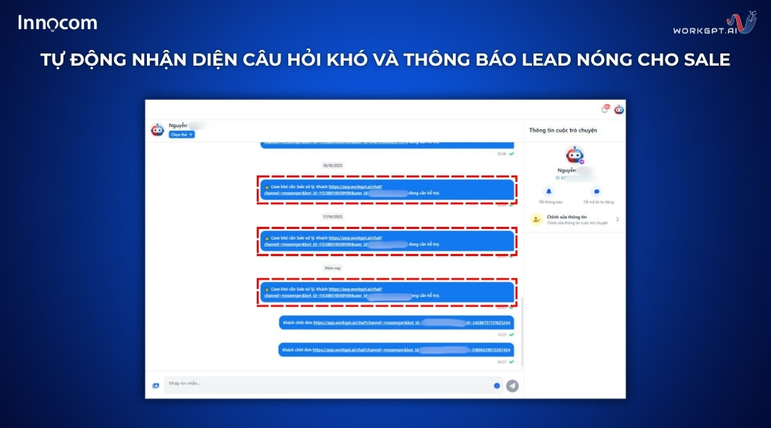 Ảnh chụp màn hình Chatbot AI tự động nhận diện câu hỏi khó và thông báo cho Sale
