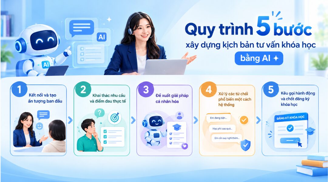 Quy trình 5 bước xây dựng kịch bản tư vấn khóa học bằng AI