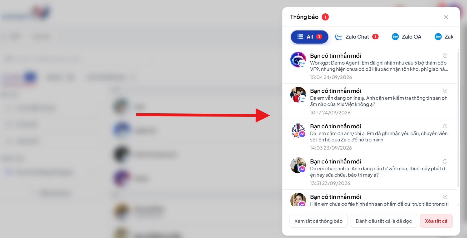 Thông báo khi được tag/hội thoại quá hạn SLA