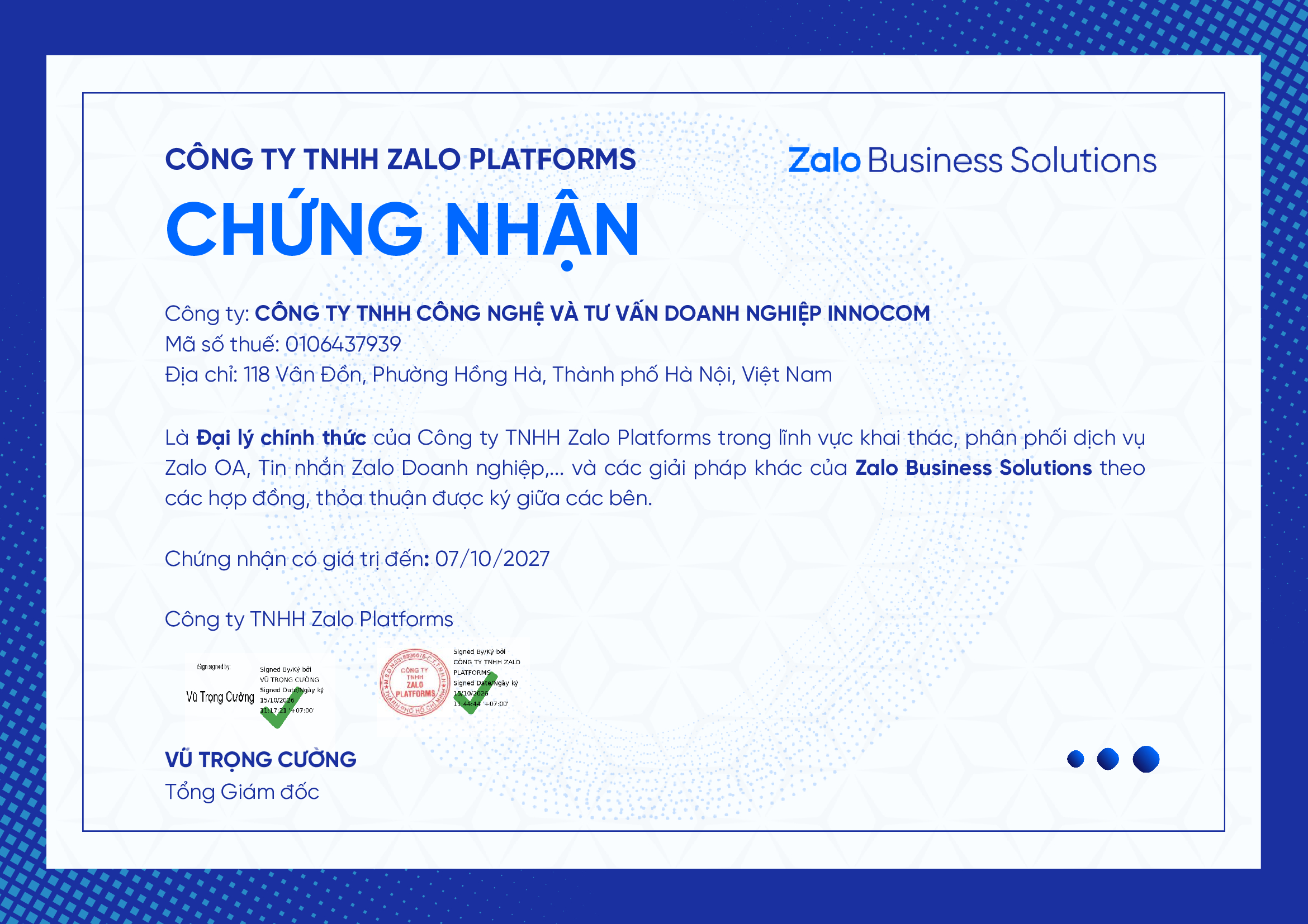 Chứng nhận đại lý ZBS